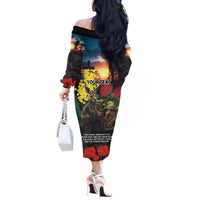 Kangaroo-Kiwi Soldier ANZAC Personalised Off The Shoulder Long Sleeve Dress Golden Wattle and Pohutukawa Flowers LT9 - Polynesian Pride