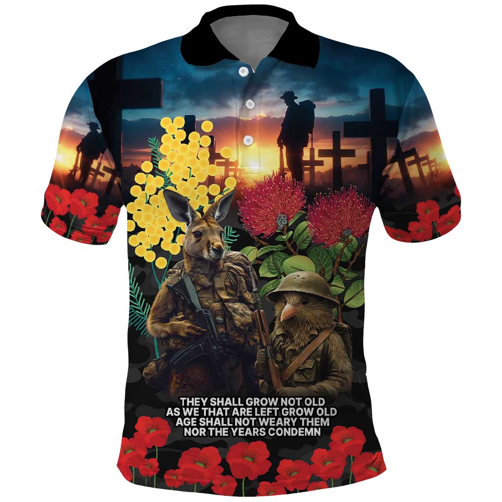 Kangaroo-Kiwi Soldier ANZAC Personalised Polo Shirt Golden Wattle and Pohutukawa Flowers LT9 Black - Polynesian Pride