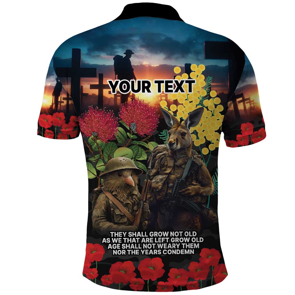 Kangaroo-Kiwi Soldier ANZAC Personalised Polo Shirt Golden Wattle and Pohutukawa Flowers LT9 - Polynesian Pride