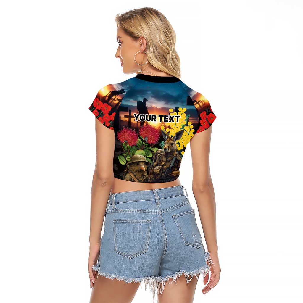 Kangaroo-Kiwi Soldier ANZAC Personalised Raglan Cropped T Shirt Golden Wattle and Pohutukawa Flowers LT9 - Polynesian Pride