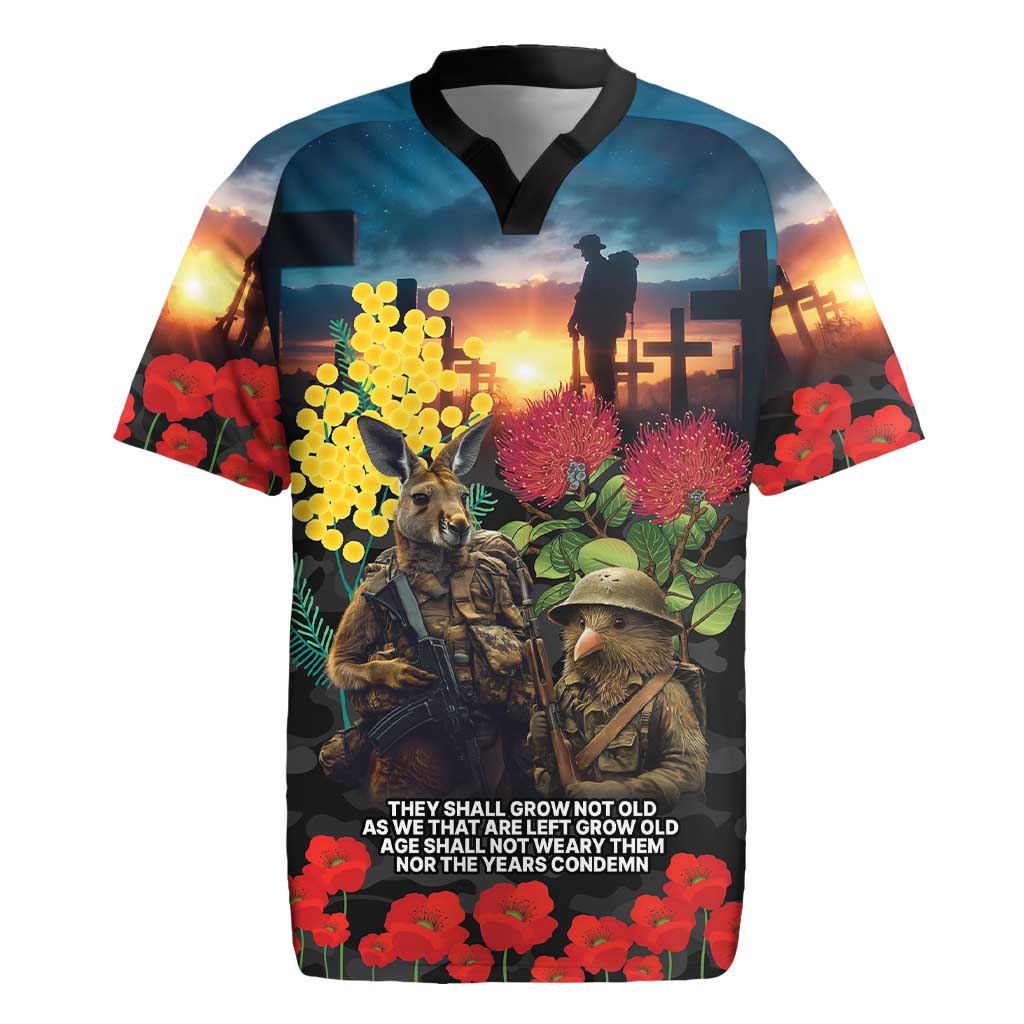 Kangaroo-Kiwi Soldier ANZAC Personalised Rugby Jersey Golden Wattle and Pohutukawa Flowers LT9 Black - Polynesian Pride