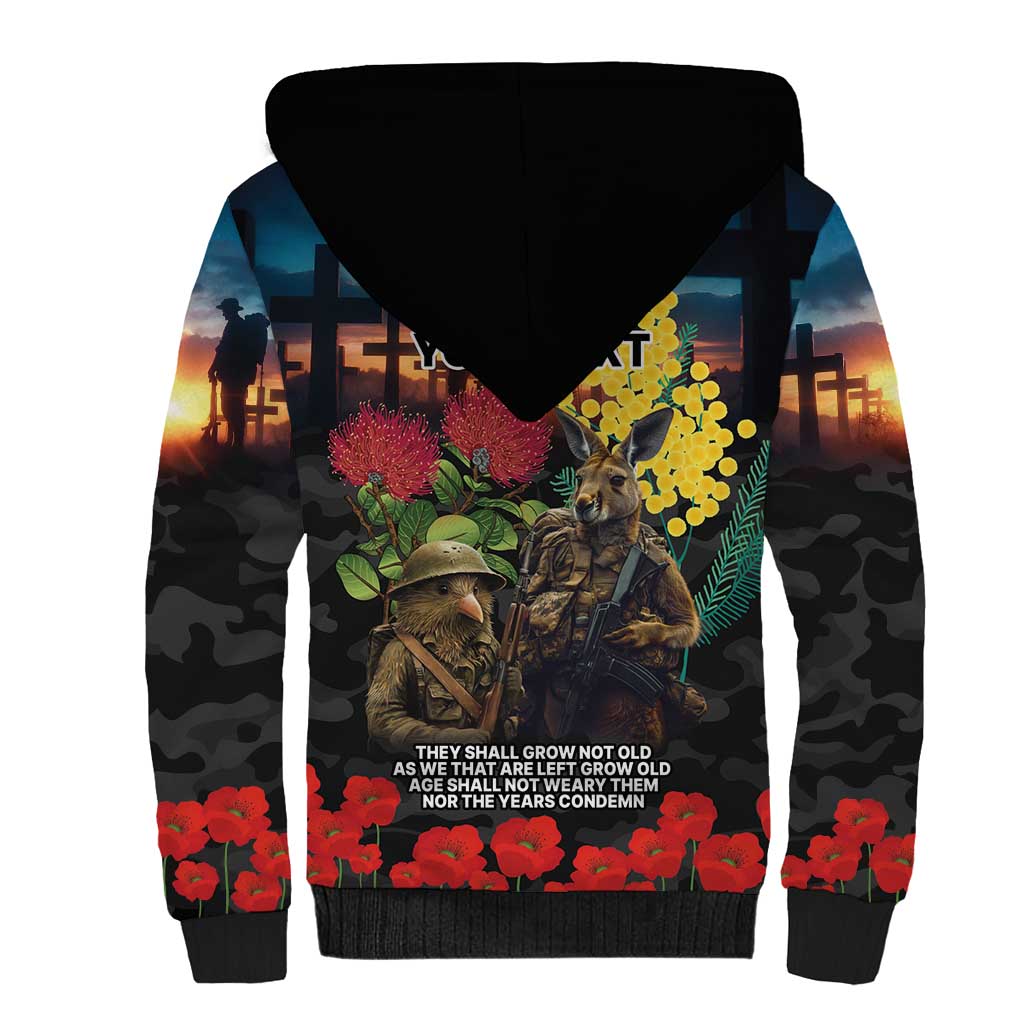 Kangaroo-Kiwi Soldier ANZAC Personalised Sherpa Hoodie Golden Wattle and Pohutukawa Flowers LT9 - Polynesian Pride