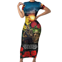 Kangaroo-Kiwi Soldier ANZAC Personalised Short Sleeve Bodycon Dress Golden Wattle and Pohutukawa Flowers LT9 Long Dress Black - Polynesian Pride
