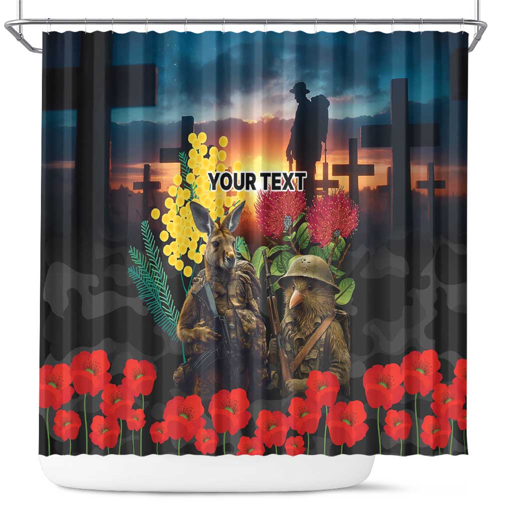 Kangaroo-Kiwi Soldier ANZAC Personalised Shower Curtain Golden Wattle and Pohutukawa Flowers LT9 Black - Polynesian Pride