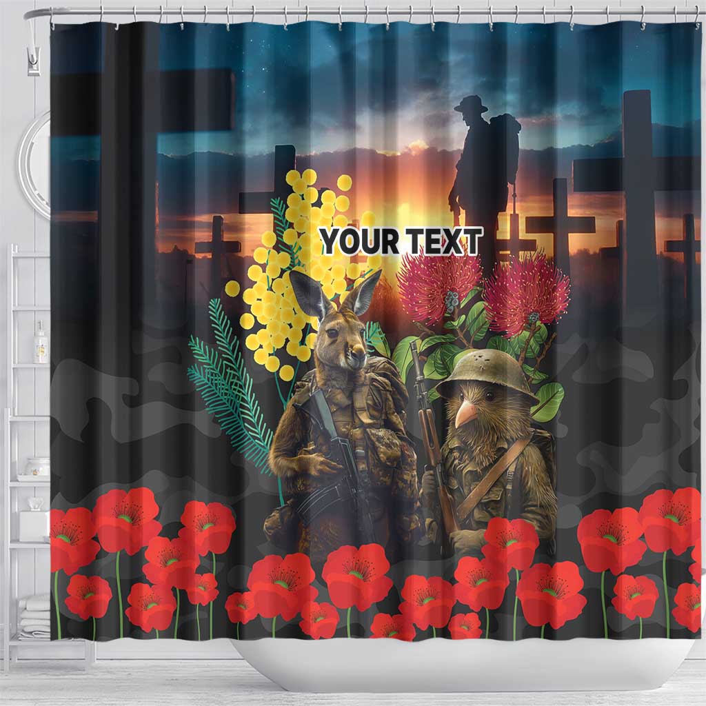 Kangaroo-Kiwi Soldier ANZAC Personalised Shower Curtain Golden Wattle and Pohutukawa Flowers LT9 - Polynesian Pride