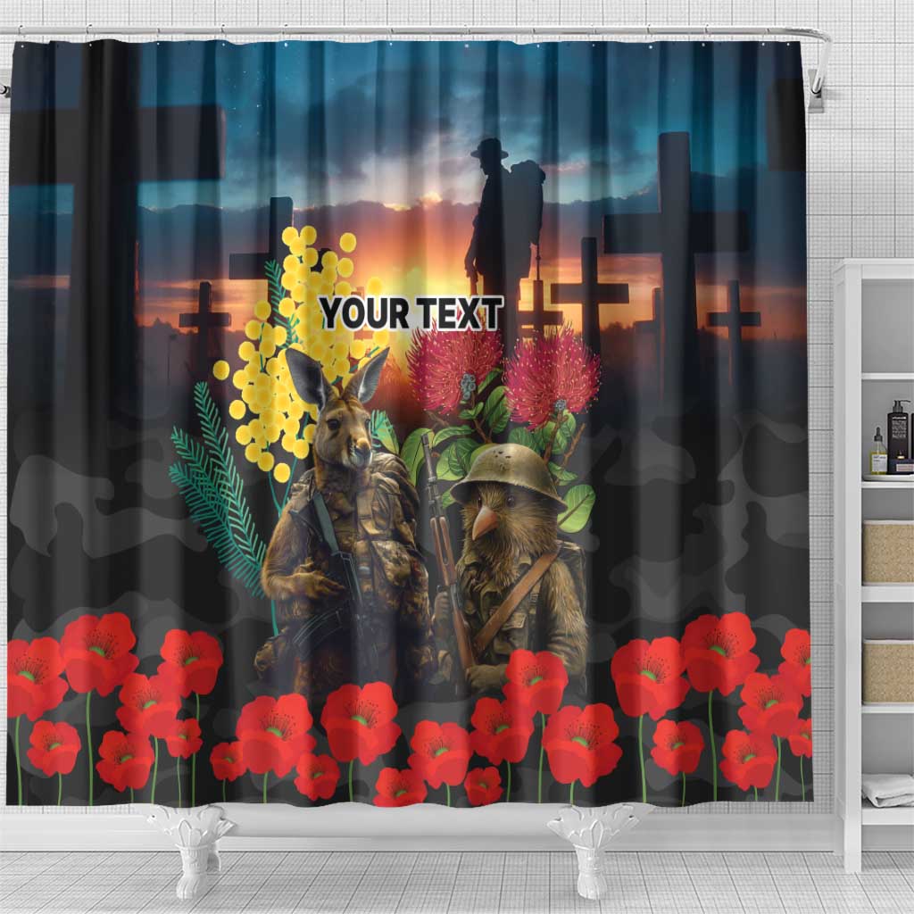 Kangaroo-Kiwi Soldier ANZAC Personalised Shower Curtain Golden Wattle and Pohutukawa Flowers LT9 - Polynesian Pride