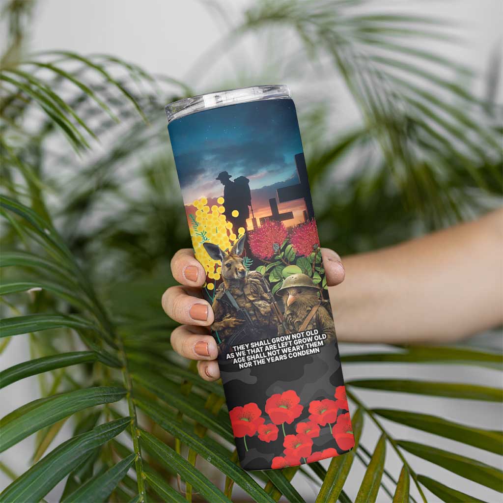 Kangaroo-Kiwi Soldier ANZAC Personalised Skinny Tumbler Golden Wattle and Pohutukawa Flowers LT9 - Polynesian Pride