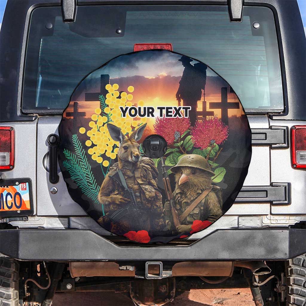 Kangaroo-Kiwi Soldier ANZAC Personalised Spare Tire Cover Golden Wattle and Pohutukawa Flowers LT9 Black - Polynesian Pride