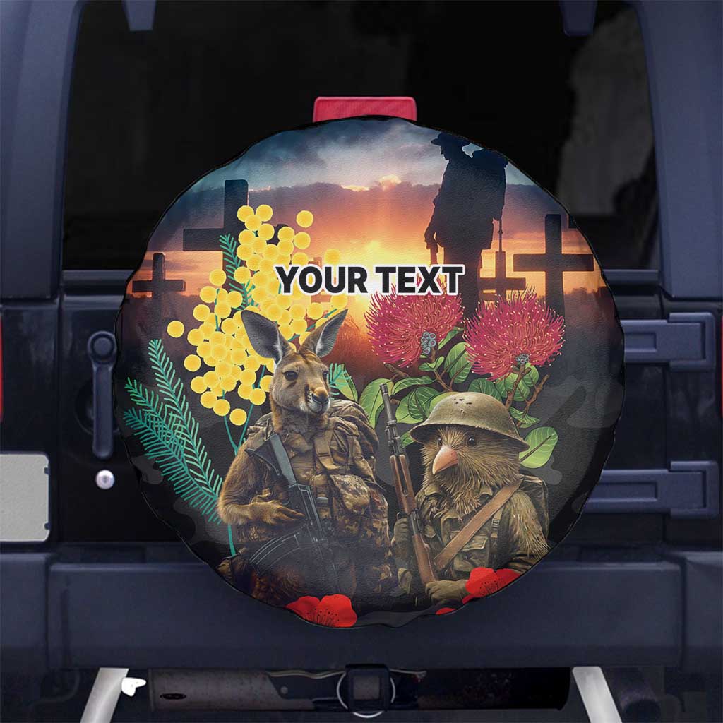 Kangaroo-Kiwi Soldier ANZAC Personalised Spare Tire Cover Golden Wattle and Pohutukawa Flowers LT9 No hole Black - Polynesian Pride