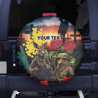 Kangaroo-Kiwi Soldier ANZAC Personalised Spare Tire Cover Golden Wattle and Pohutukawa Flowers LT9 No hole Black - Polynesian Pride