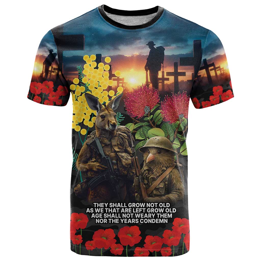 Kangaroo-Kiwi Soldier ANZAC Personalised T Shirt Golden Wattle and Pohutukawa Flowers LT9 Black - Polynesian Pride