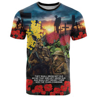 Kangaroo-Kiwi Soldier ANZAC Personalised T Shirt Golden Wattle and Pohutukawa Flowers LT9 Black - Polynesian Pride