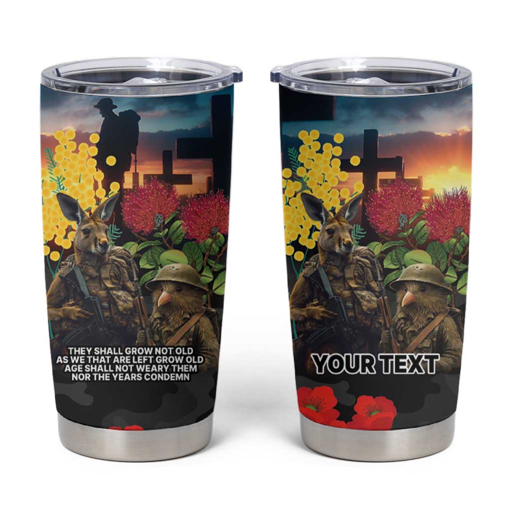 Kangaroo-Kiwi Soldier ANZAC Personalised Tumbler Cup Golden Wattle and Pohutukawa Flowers LT9 Black - Polynesian Pride