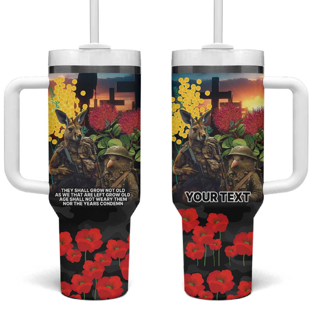 Kangaroo-Kiwi Soldier ANZAC Personalised Tumbler With Handle Golden Wattle and Pohutukawa Flowers LT9 One Size: 40 oz Black - Polynesian Pride