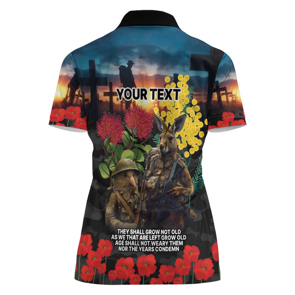 Kangaroo-Kiwi Soldier ANZAC Personalised Women Polo Shirt Golden Wattle and Pohutukawa Flowers LT9 - Polynesian Pride