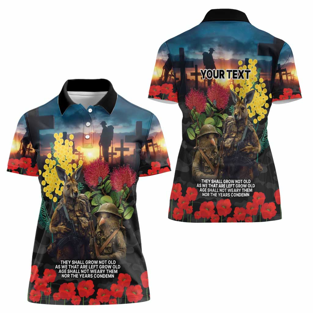Kangaroo-Kiwi Soldier ANZAC Personalised Women Polo Shirt Golden Wattle and Pohutukawa Flowers LT9 - Polynesian Pride