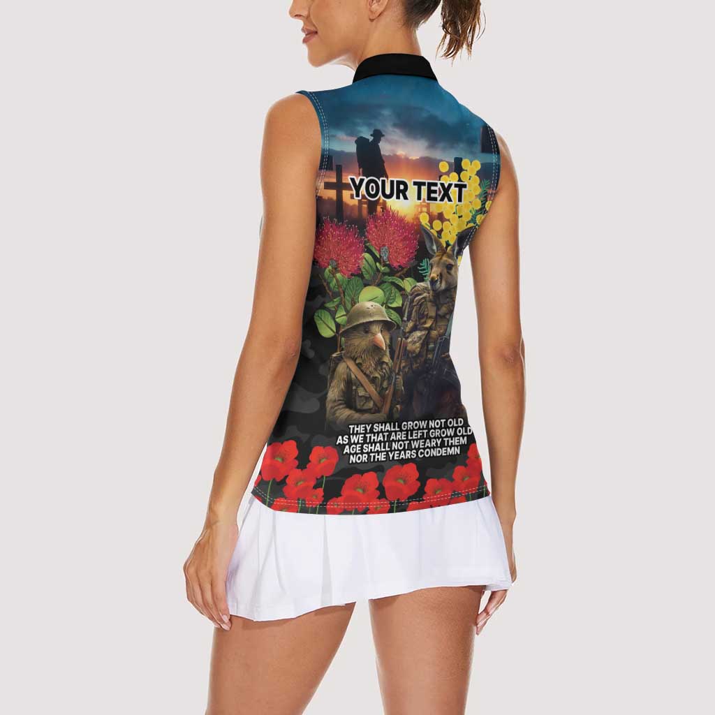 Kangaroo-Kiwi Soldier ANZAC Personalised Women Sleeveless Polo Shirt Golden Wattle and Pohutukawa Flowers LT9 - Polynesian Pride