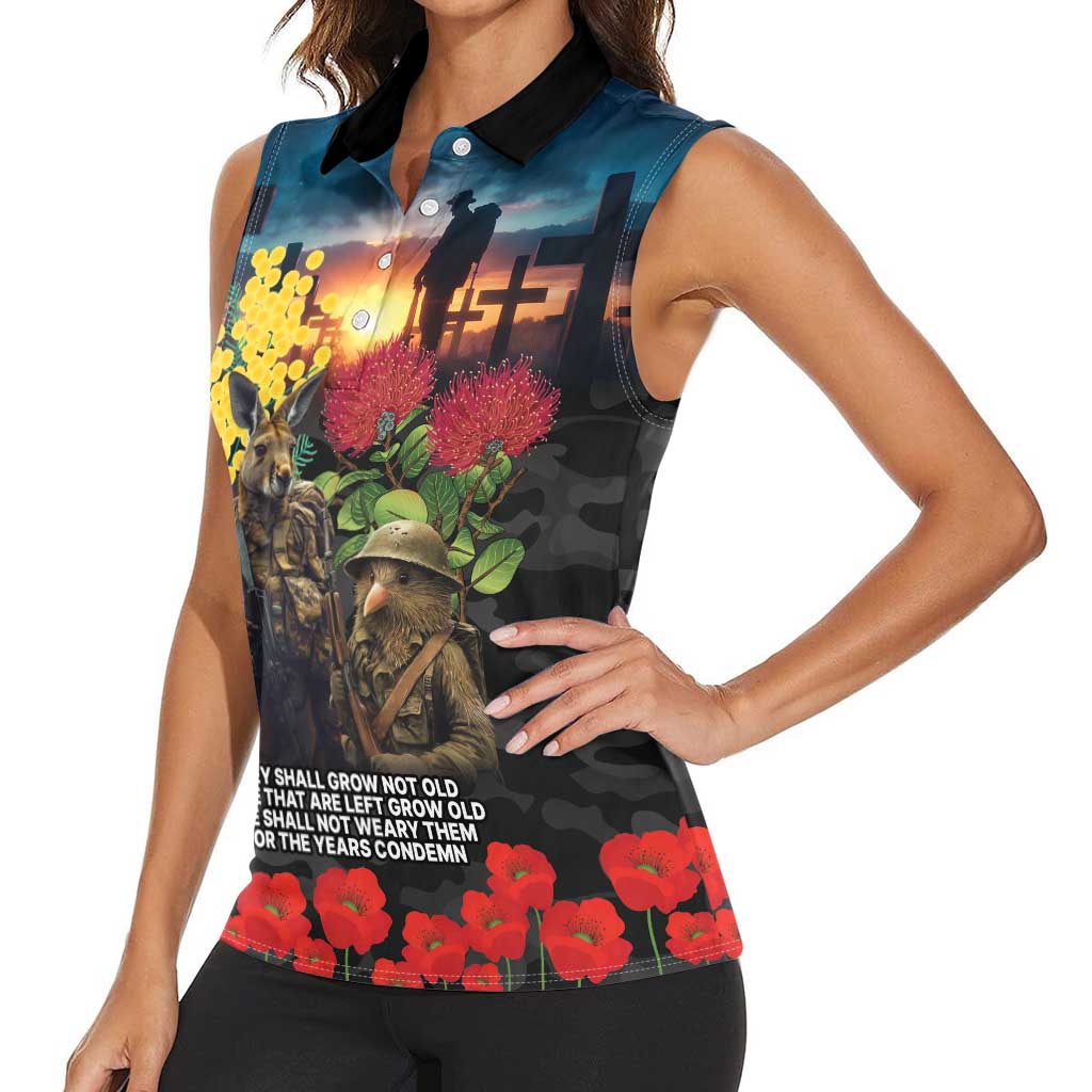 Kangaroo-Kiwi Soldier ANZAC Personalised Women Sleeveless Polo Shirt Golden Wattle and Pohutukawa Flowers LT9 - Polynesian Pride