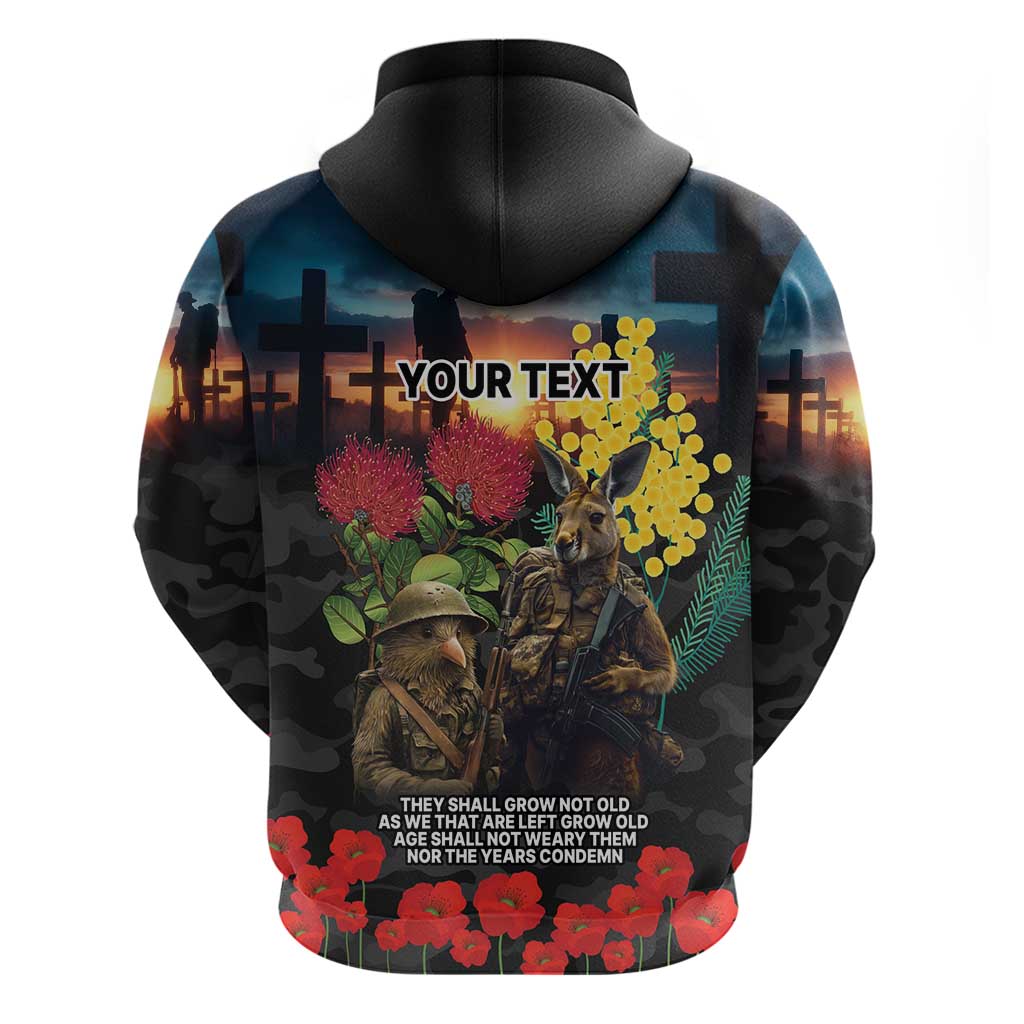 Kangaroo-Kiwi Soldier ANZAC Personalised Zip Hoodie Golden Wattle and Pohutukawa Flowers LT9 - Polynesian Pride
