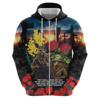 Kangaroo-Kiwi Soldier ANZAC Personalised Zip Hoodie Golden Wattle and Pohutukawa Flowers LT9 - Polynesian Pride