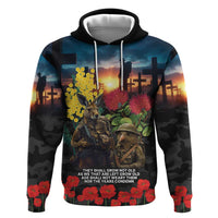 Kangaroo-Kiwi Soldier ANZAC Personalised Zip Hoodie Golden Wattle and Pohutukawa Flowers LT9 Pullover Hoodie Black - Polynesian Pride