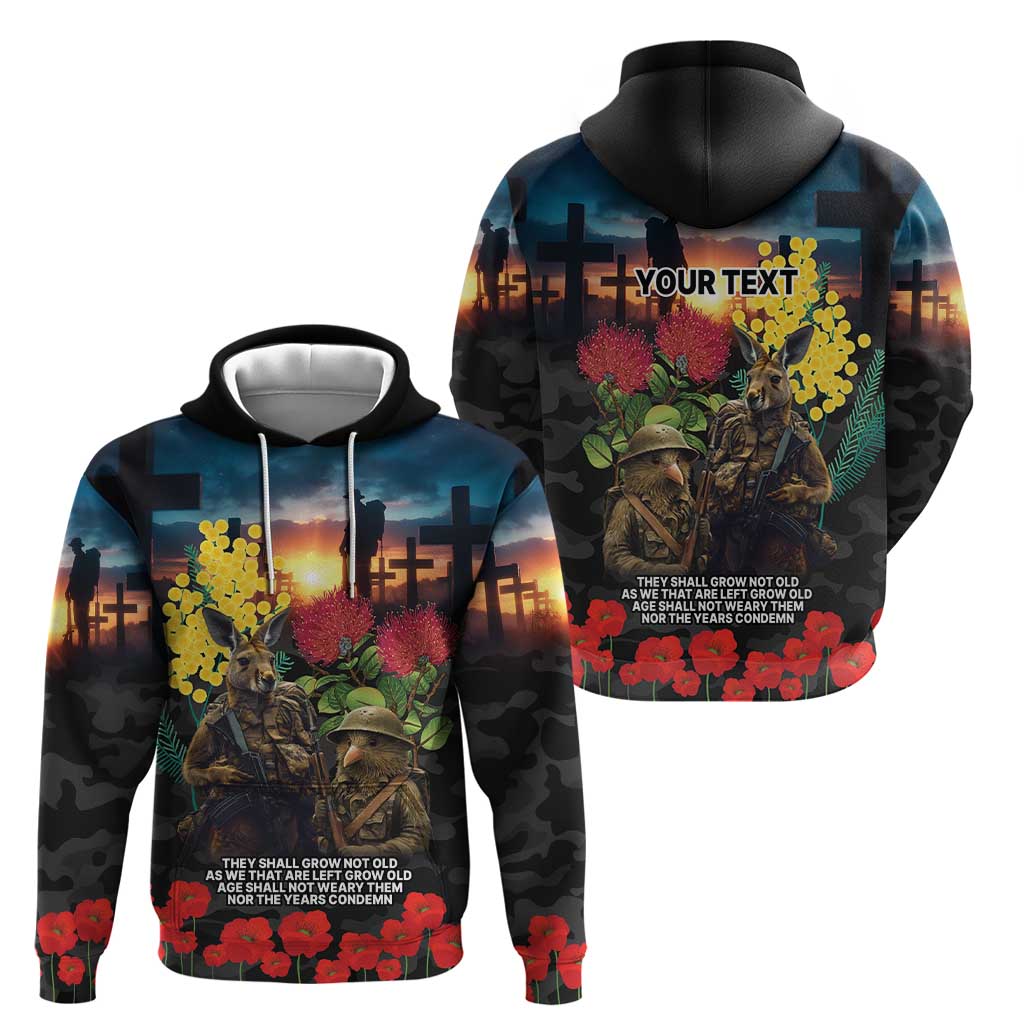 Kangaroo-Kiwi Soldier ANZAC Personalised Zip Hoodie Golden Wattle and Pohutukawa Flowers LT9 - Polynesian Pride