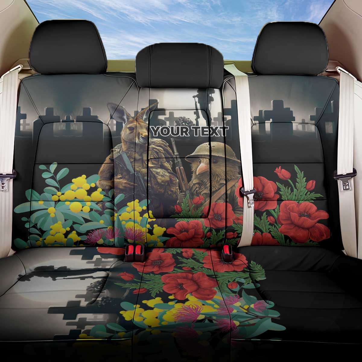 Kangaroo-Kiwi Soldier ANZAC Personalised Back Car Seat Cover Golden Wattle Poppy Flowers LT9 One Size Black - Polynesian Pride