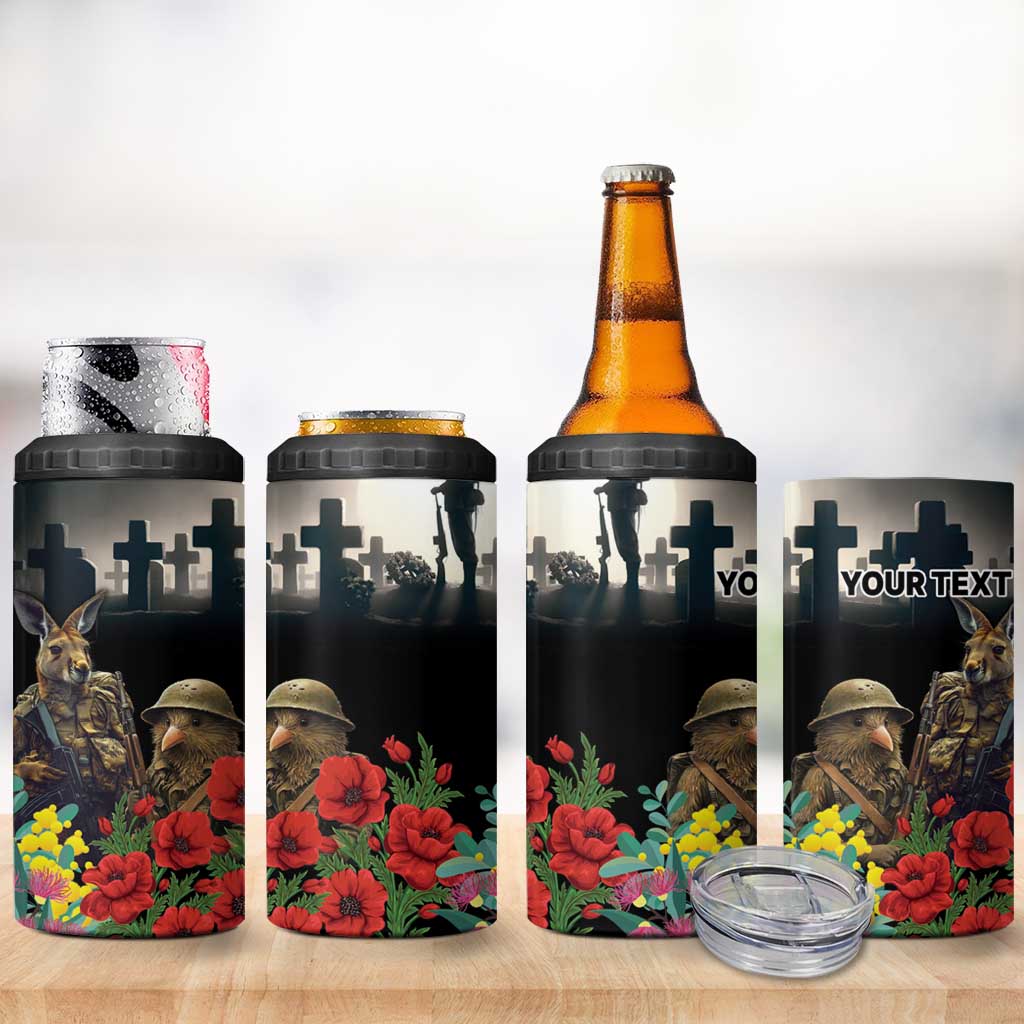 Kangaroo-Kiwi Soldier ANZAC Personalised 4 in 1 Can Cooler Tumbler Golden Wattle Poppy Flowers LT9 - Polynesian Pride