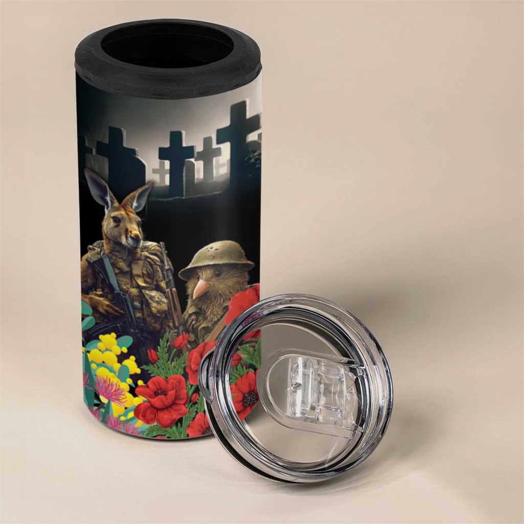 Kangaroo-Kiwi Soldier ANZAC Personalised 4 in 1 Can Cooler Tumbler Golden Wattle Poppy Flowers LT9 - Polynesian Pride