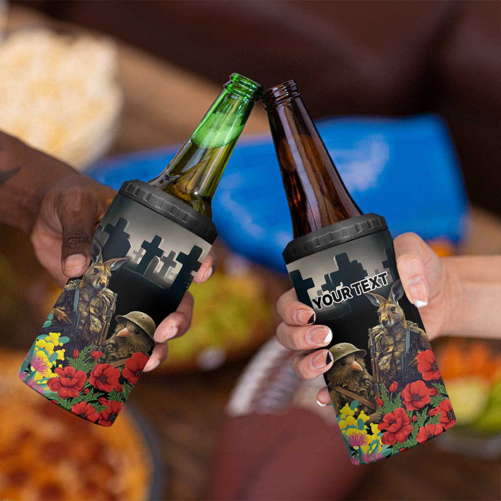 Kangaroo-Kiwi Soldier ANZAC Personalised 4 in 1 Can Cooler Tumbler Golden Wattle Poppy Flowers LT9 - Polynesian Pride