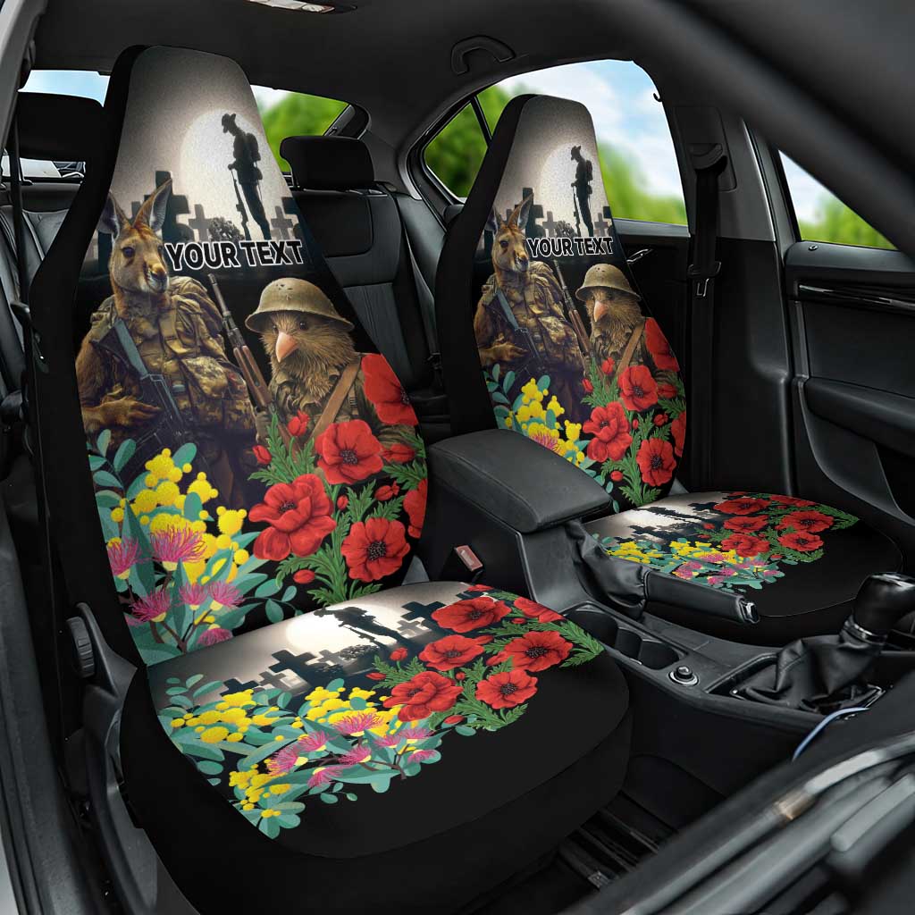 Kangaroo-Kiwi Soldier ANZAC Personalised Car Seat Cover Golden Wattle Poppy Flowers LT9 One Size Black - Polynesian Pride