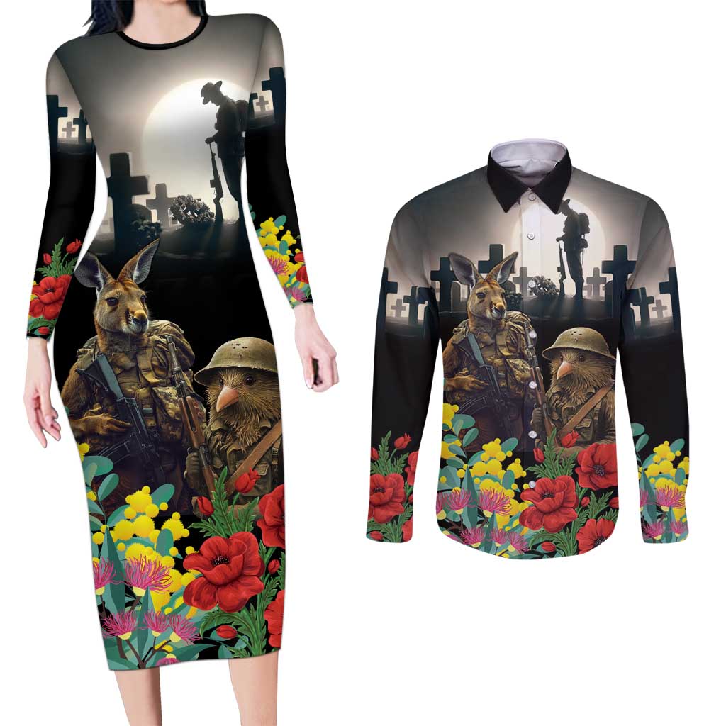 Kangaroo-Kiwi Soldier ANZAC Personalised Couples Matching Long Sleeve Bodycon Dress and Long Sleeve Button Shirt Golden Wattle Poppy Flowers LT9 Black - Polynesian Pride