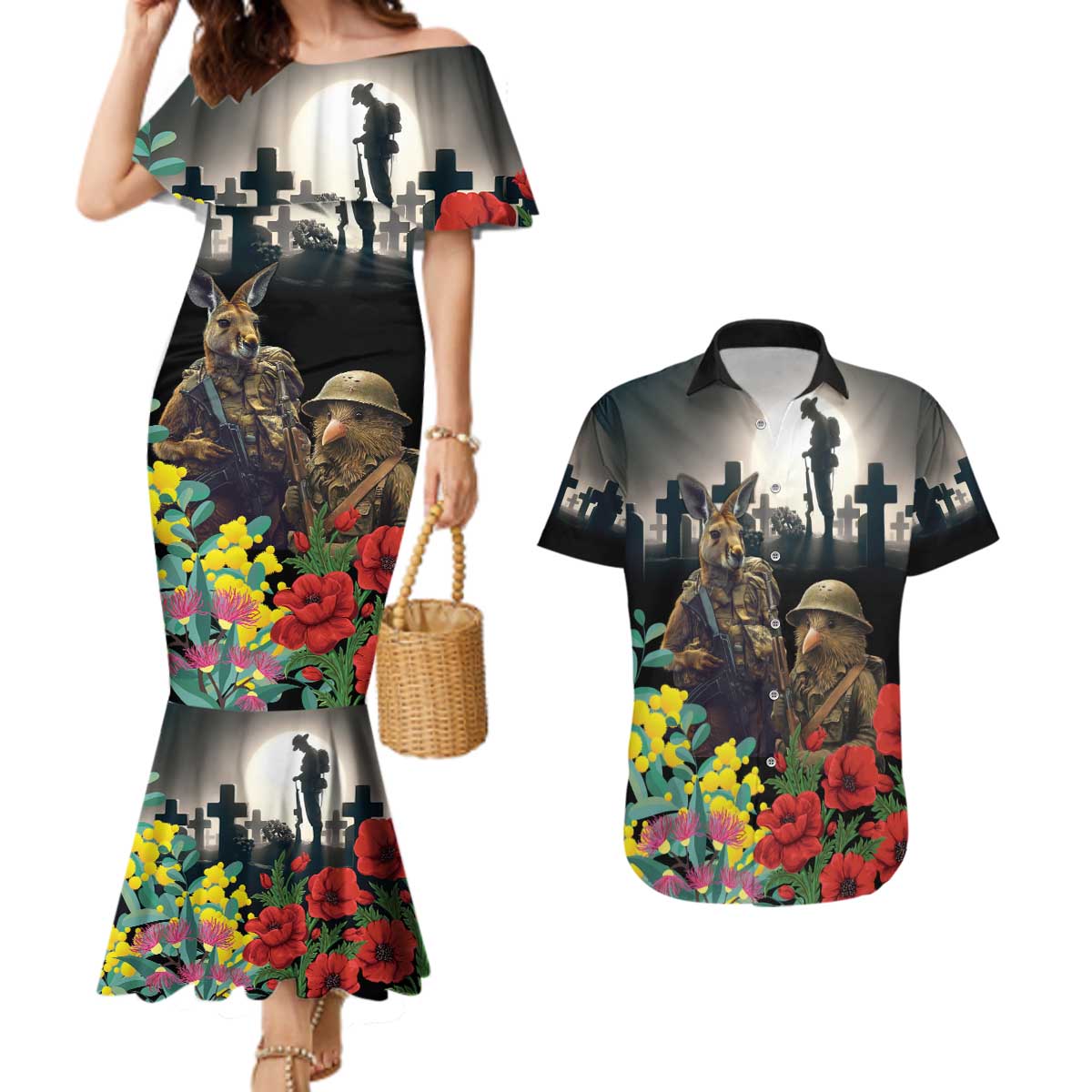 Kangaroo-Kiwi Soldier ANZAC Personalised Couples Matching Mermaid Dress and Hawaiian Shirt Golden Wattle Poppy Flowers LT9 Black - Polynesian Pride