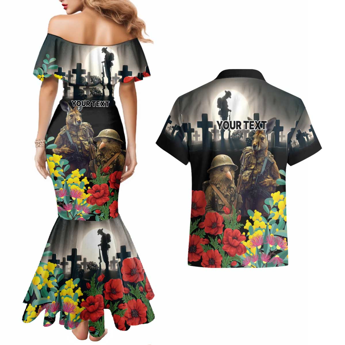Kangaroo-Kiwi Soldier ANZAC Personalised Couples Matching Mermaid Dress and Hawaiian Shirt Golden Wattle Poppy Flowers LT9 - Polynesian Pride