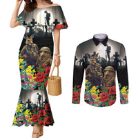 Kangaroo-Kiwi Soldier ANZAC Personalised Couples Matching Mermaid Dress and Long Sleeve Button Shirt Golden Wattle Poppy Flowers LT9 Black - Polynesian Pride