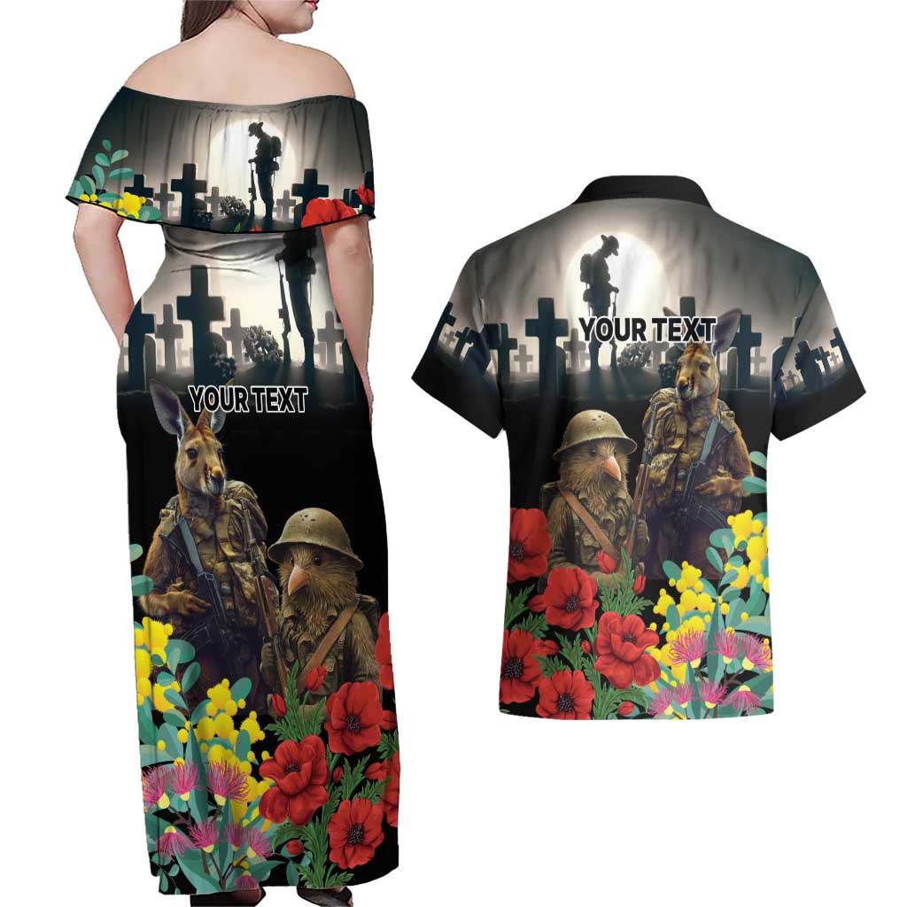 Kangaroo-Kiwi Soldier ANZAC Personalised Couples Matching Off Shoulder Maxi Dress and Hawaiian Shirt Golden Wattle Poppy Flowers LT9 - Polynesian Pride