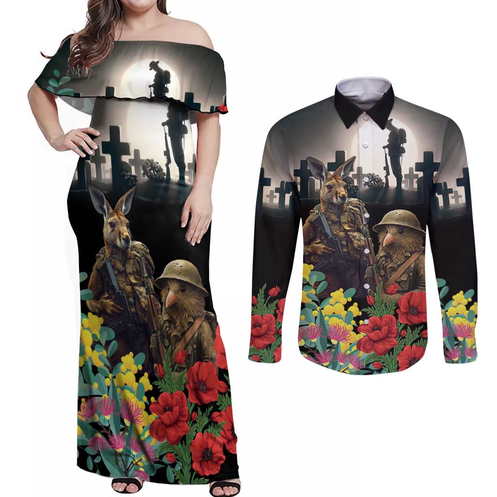 Kangaroo-Kiwi Soldier ANZAC Personalised Couples Matching Off Shoulder Maxi Dress and Long Sleeve Button Shirt Golden Wattle Poppy Flowers LT9 Black - Polynesian Pride