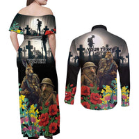 Kangaroo-Kiwi Soldier ANZAC Personalised Couples Matching Off Shoulder Maxi Dress and Long Sleeve Button Shirt Golden Wattle Poppy Flowers LT9 - Polynesian Pride