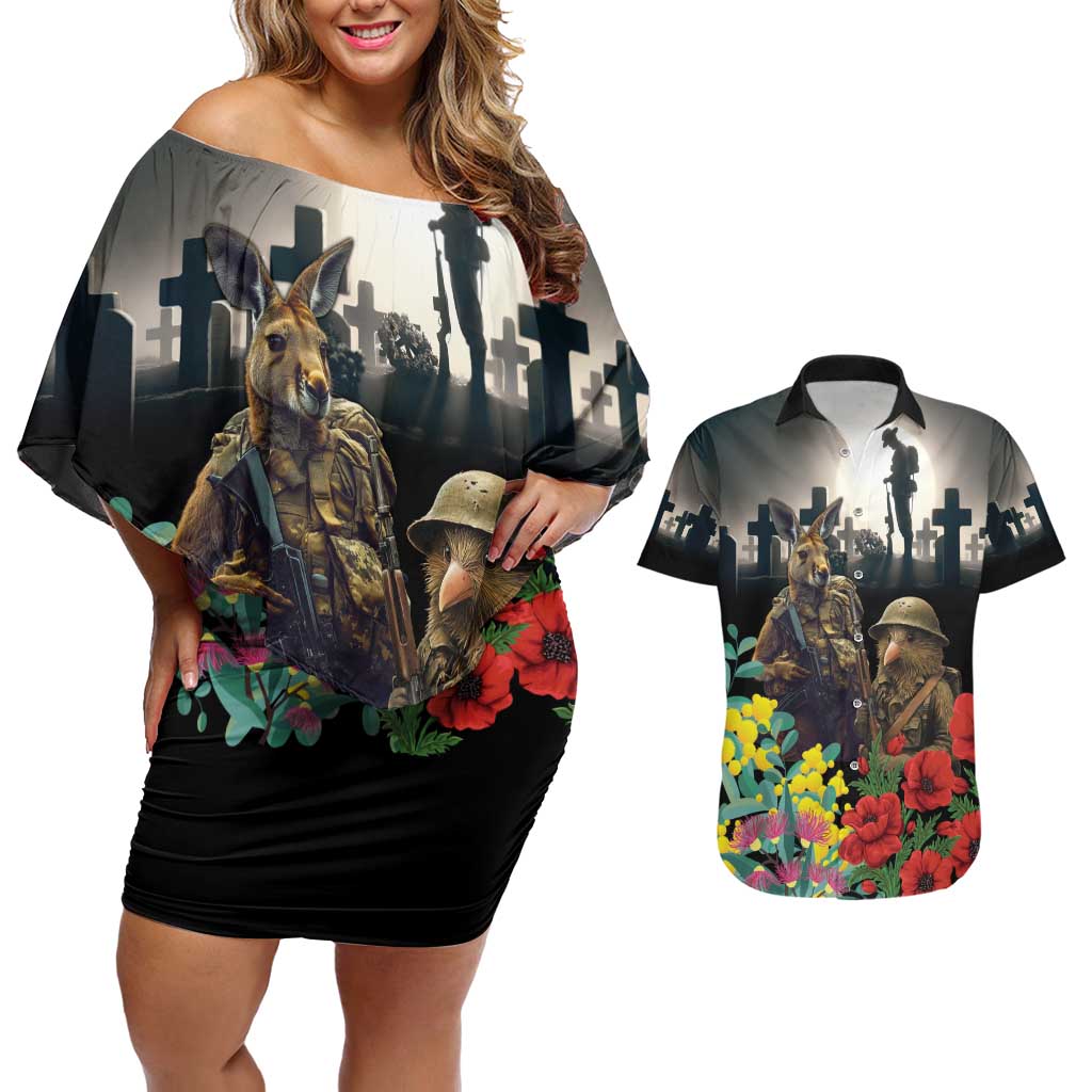 Kangaroo-Kiwi Soldier ANZAC Personalised Couples Matching Off Shoulder Short Dress and Hawaiian Shirt Golden Wattle Poppy Flowers LT9 Black - Polynesian Pride