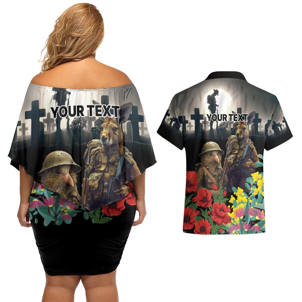 Kangaroo-Kiwi Soldier ANZAC Personalised Couples Matching Off Shoulder Short Dress and Hawaiian Shirt Golden Wattle Poppy Flowers LT9 - Polynesian Pride