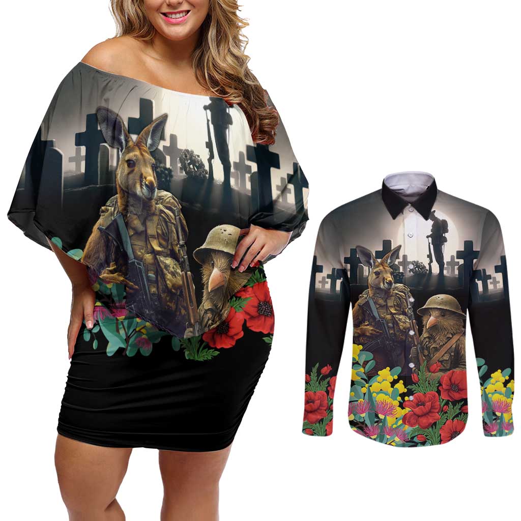 Kangaroo-Kiwi Soldier ANZAC Personalised Couples Matching Off Shoulder Short Dress and Long Sleeve Button Shirt Golden Wattle Poppy Flowers LT9 Black - Polynesian Pride