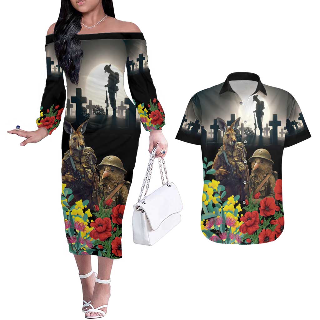 Kangaroo-Kiwi Soldier ANZAC Personalised Couples Matching Off The Shoulder Long Sleeve Dress and Hawaiian Shirt Golden Wattle Poppy Flowers LT9 Black - Polynesian Pride
