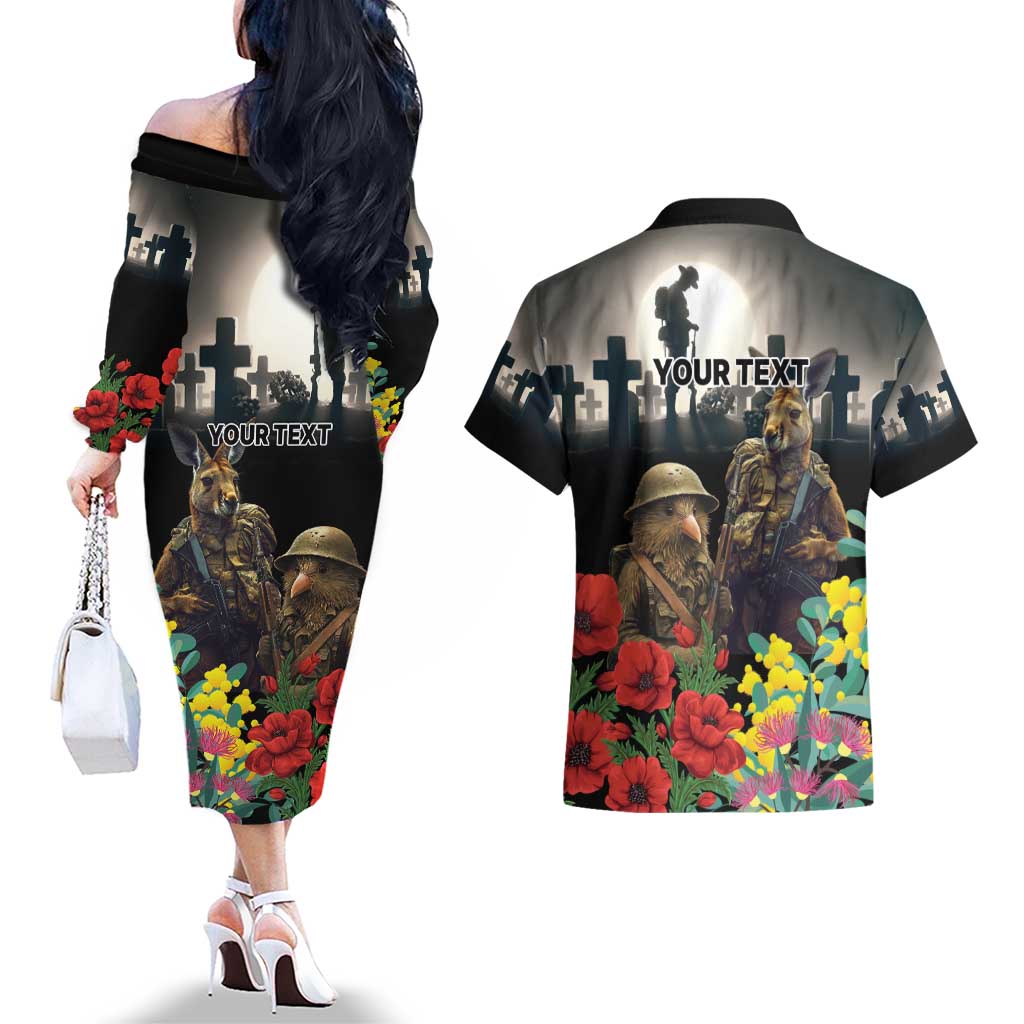 Kangaroo-Kiwi Soldier ANZAC Personalised Couples Matching Off The Shoulder Long Sleeve Dress and Hawaiian Shirt Golden Wattle Poppy Flowers LT9 - Polynesian Pride