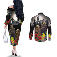 Kangaroo-Kiwi Soldier ANZAC Personalised Couples Matching Off The Shoulder Long Sleeve Dress and Long Sleeve Button Shirt Golden Wattle Poppy Flowers LT9 - Polynesian Pride