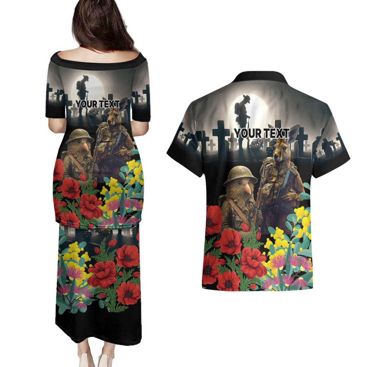 Kangaroo-Kiwi Soldier ANZAC Personalised Couples Matching Puletasi and Hawaiian Shirt Golden Wattle Poppy Flowers LT9 - Polynesian Pride