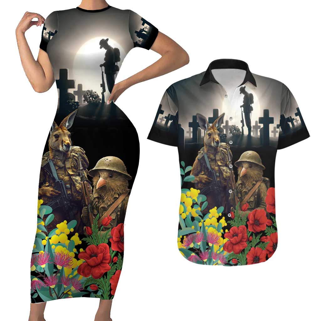 Kangaroo-Kiwi Soldier ANZAC Personalised Couples Matching Short Sleeve Bodycon Dress and Hawaiian Shirt Golden Wattle Poppy Flowers LT9 Black - Polynesian Pride
