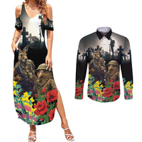 Kangaroo-Kiwi Soldier ANZAC Personalised Couples Matching Summer Maxi Dress and Long Sleeve Button Shirt Golden Wattle Poppy Flowers LT9 Black - Polynesian Pride