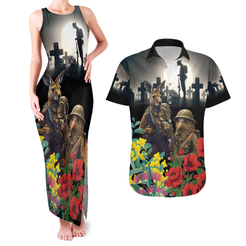 Kangaroo-Kiwi Soldier ANZAC Personalised Couples Matching Tank Maxi Dress and Hawaiian Shirt Golden Wattle Poppy Flowers LT9 Black - Polynesian Pride