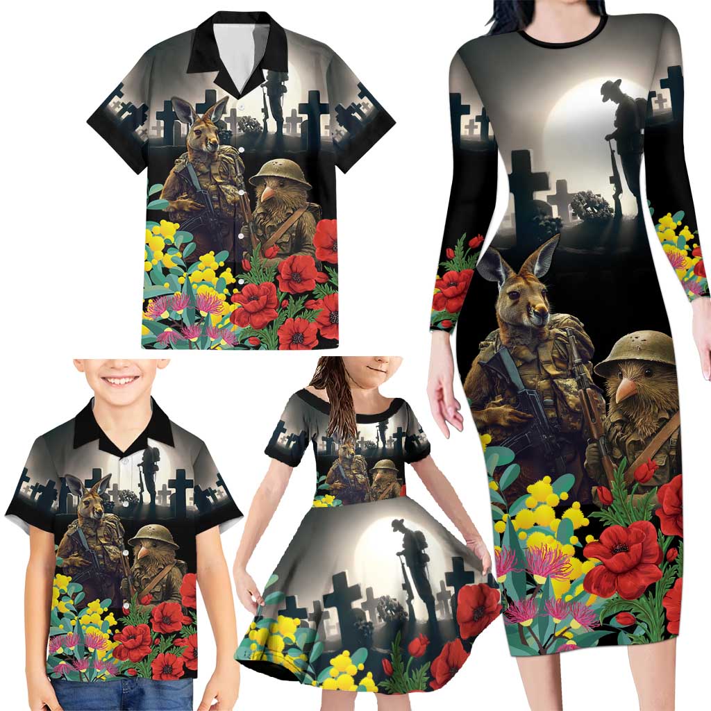 Kangaroo-Kiwi Soldier ANZAC Personalised Family Matching Long Sleeve Bodycon Dress and Hawaiian Shirt Golden Wattle Poppy Flowers LT9 - Polynesian Pride