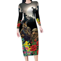 Kangaroo-Kiwi Soldier ANZAC Personalised Family Matching Long Sleeve Bodycon Dress and Hawaiian Shirt Golden Wattle Poppy Flowers LT9 Mom's Dress Black - Polynesian Pride